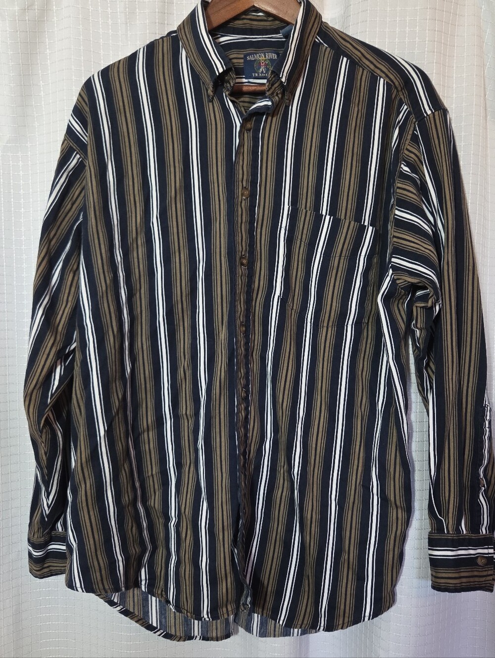 Vintage Salmon River Traders Striped Button Up Mens  Preppy L 100% Cotton